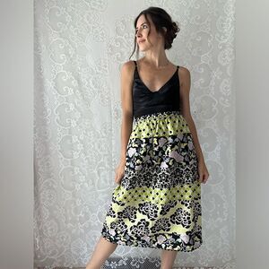 Handmade Multipattern Tiered Purple & Green & Black Elastic Waist MIDI Skirt